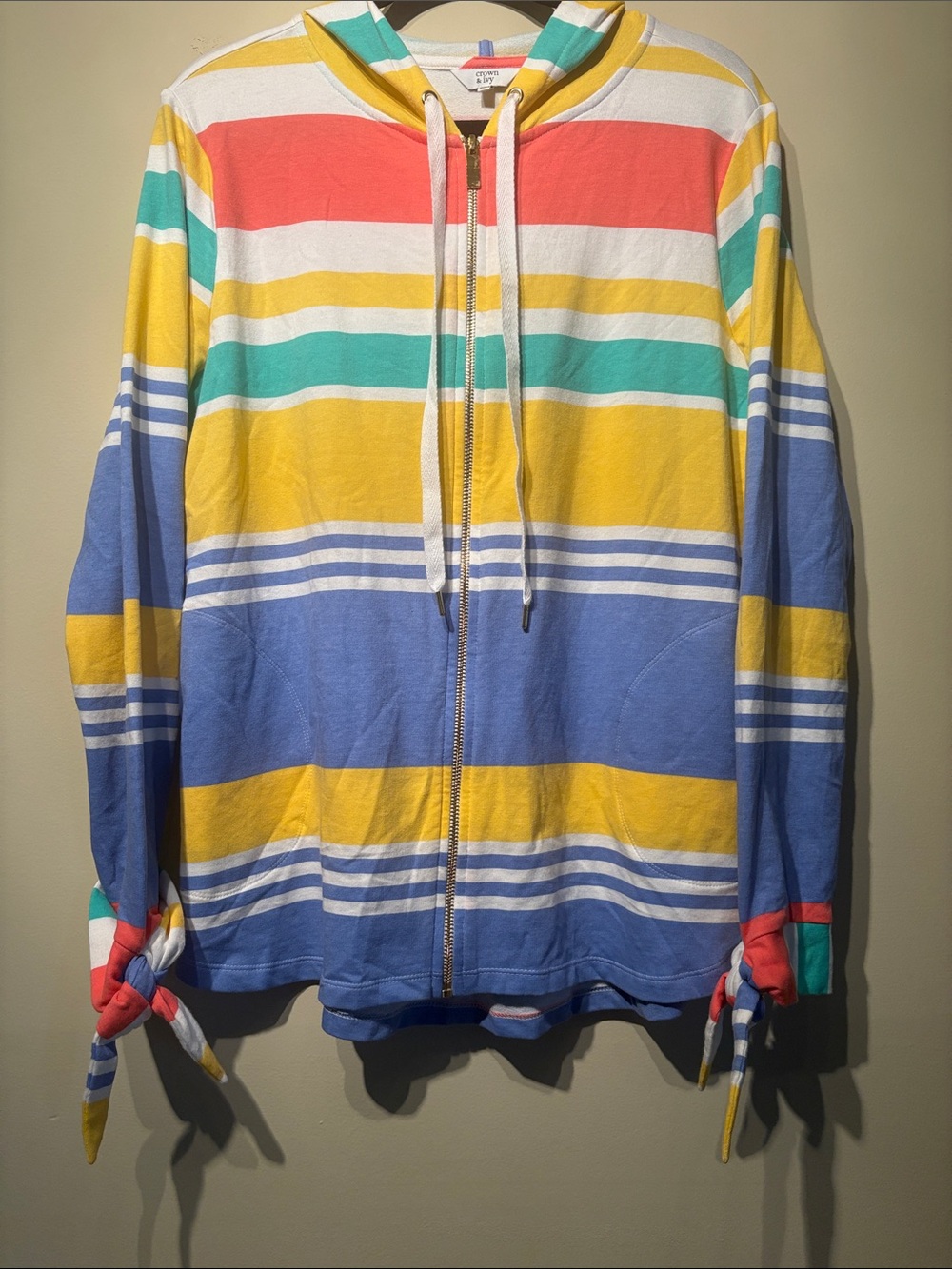crown & ivy Multicolor Striped Zip Hoodie - Yellow, Blue, Coral, Teal, White